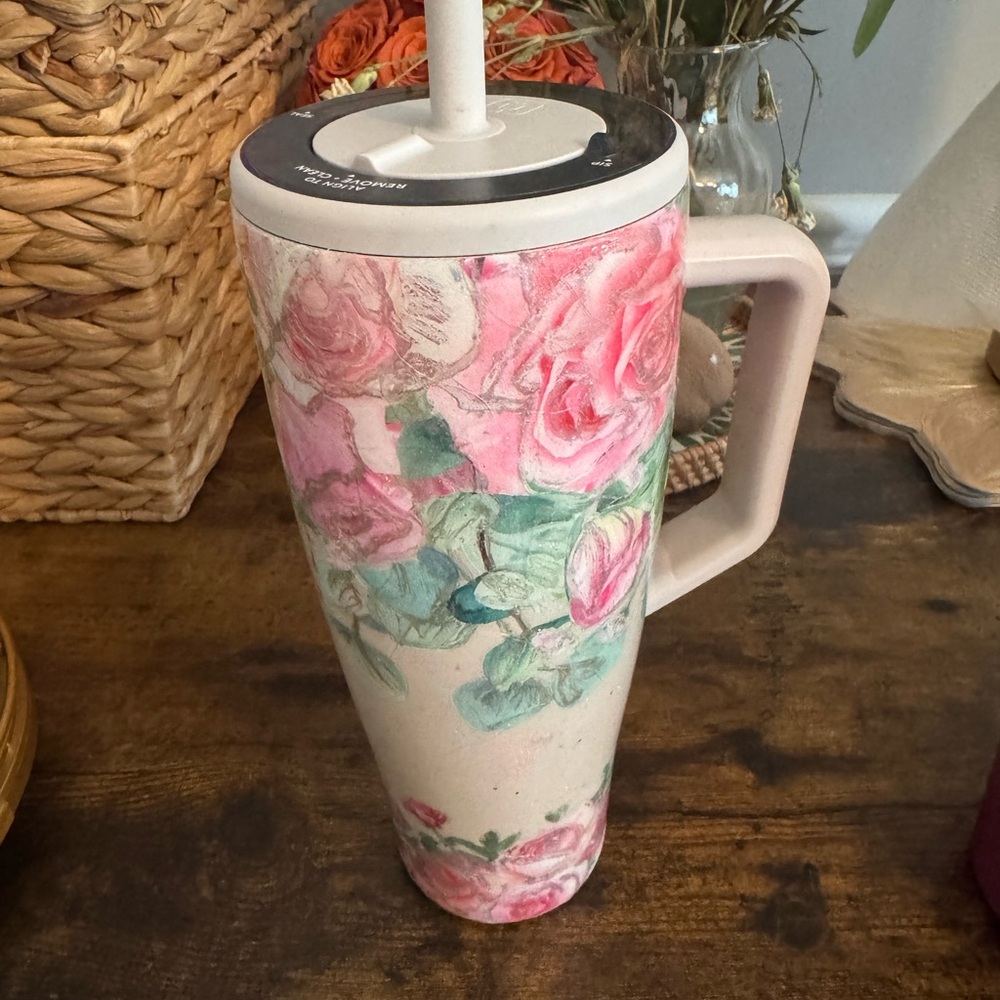 Pink Floral Travel Mug with Handle - Insulated Everyday Tumbler